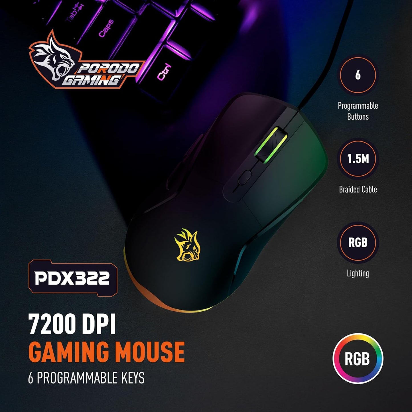 Porodo Gaming Wired Mouse DPI 7200 with RGB Light