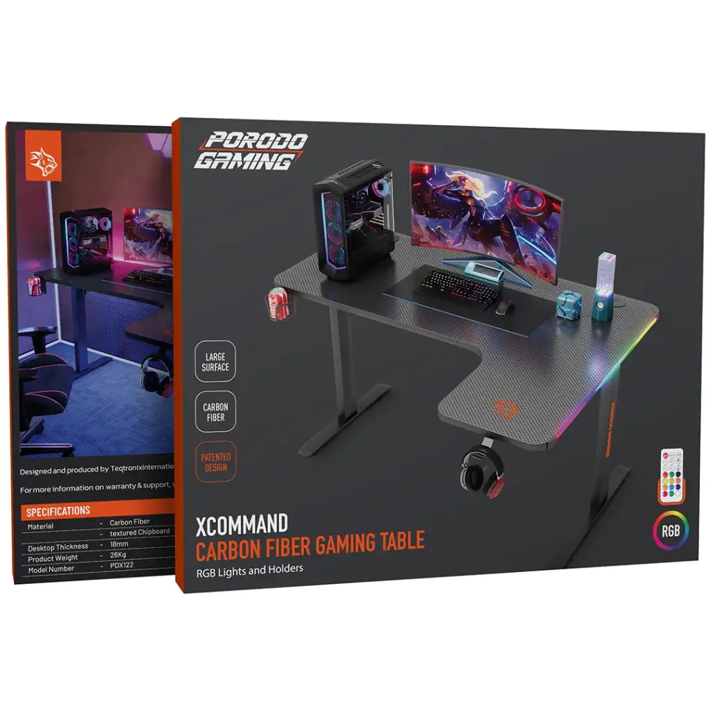 Porodo Gaming Xcommand Carbon Fiber Gaming Table with RGB Lights & Holders