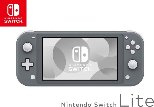 Gray Nintendo Switch Lite console with screen displaying 'Nintendo Switch' logo on a white background.