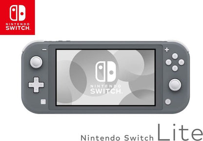 Gray Nintendo Switch Lite console with screen displaying 'Nintendo Switch' logo on a white background.