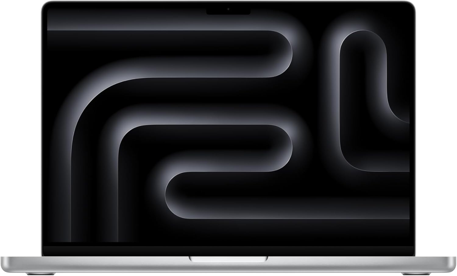 Laptop with a black screen displaying abstract white lines on a white background