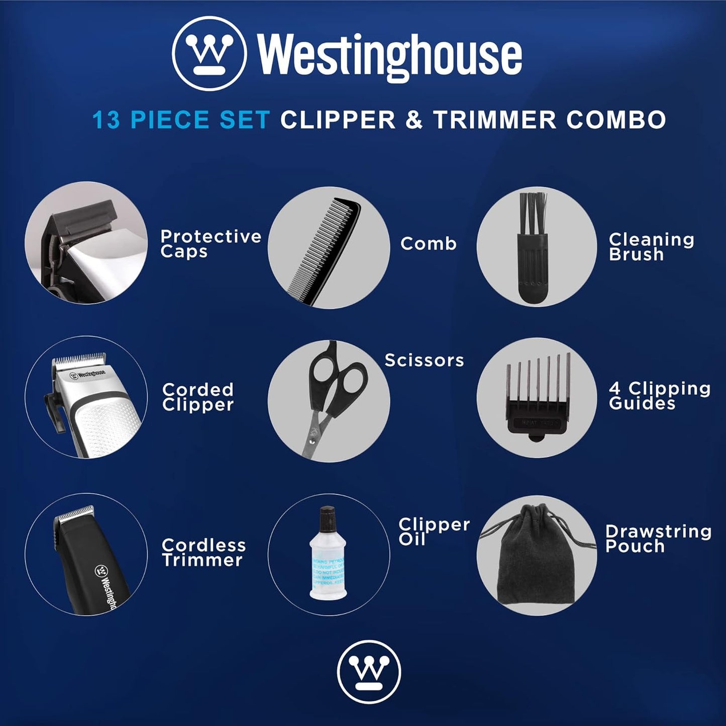 Westinghouse Men's Grooming Kit, Hair Clippers & Beard Trimmer, 13-Piece Set with Scissors