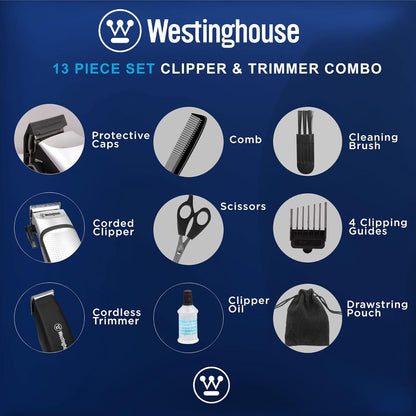 Westinghouse Men's Grooming Kit, Hair Clippers & Beard Trimmer, 13-Piece Set with Scissors