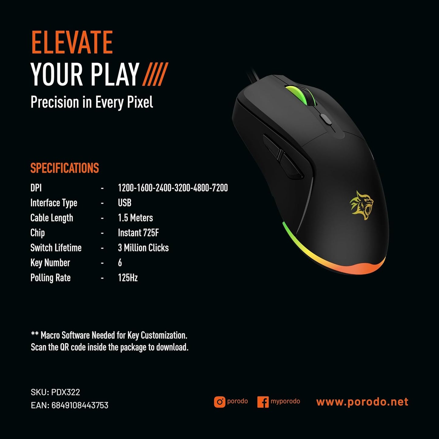Porodo Gaming Wired Mouse DPI 7200 with RGB Light