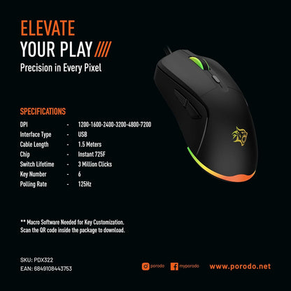 Porodo Gaming Wired Mouse DPI 7200 with RGB Light