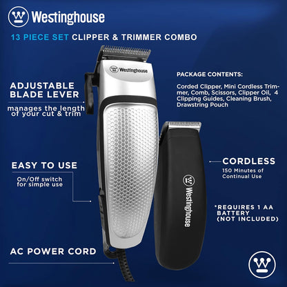 Westinghouse Men's Grooming Kit, Hair Clippers & Beard Trimmer, 13-Piece Set with Scissors