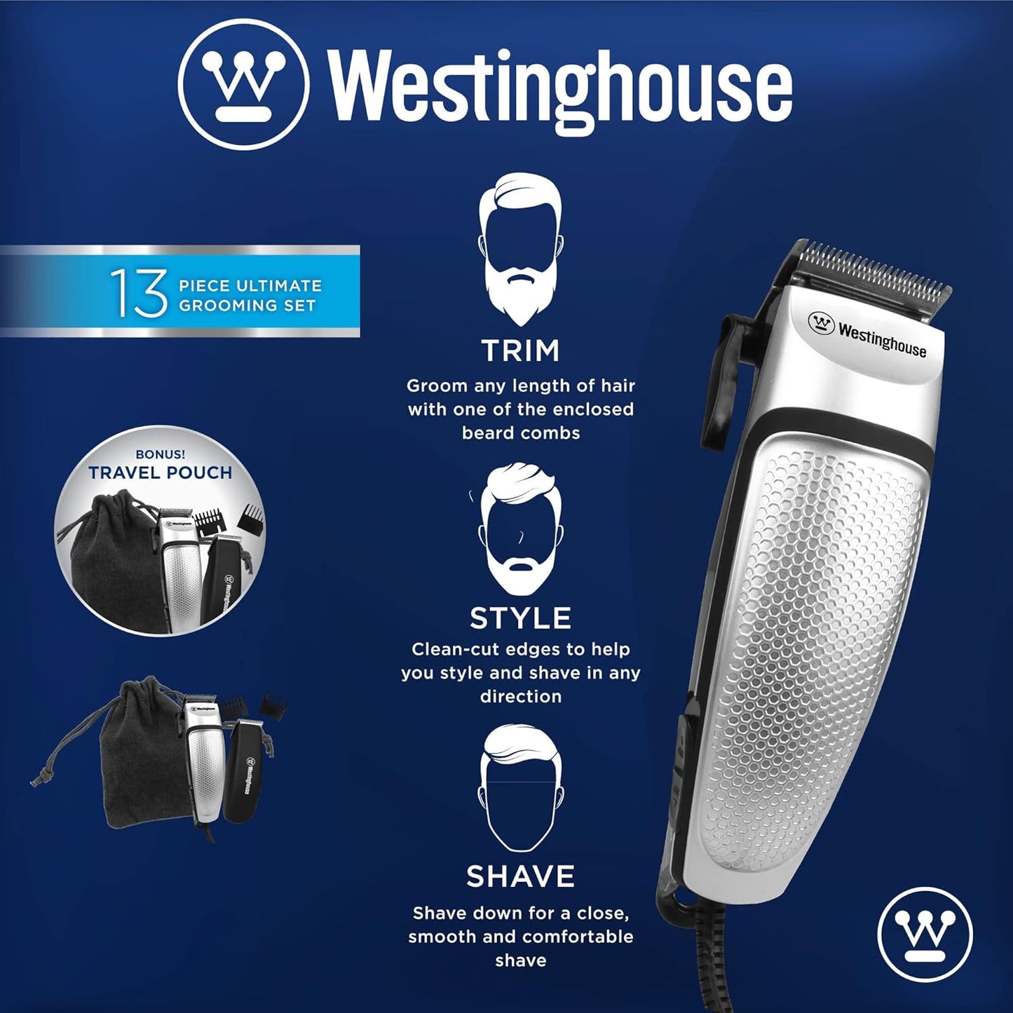 Westinghouse Men's Grooming Kit, Hair Clippers & Beard Trimmer, 13-Piece Set with Scissors