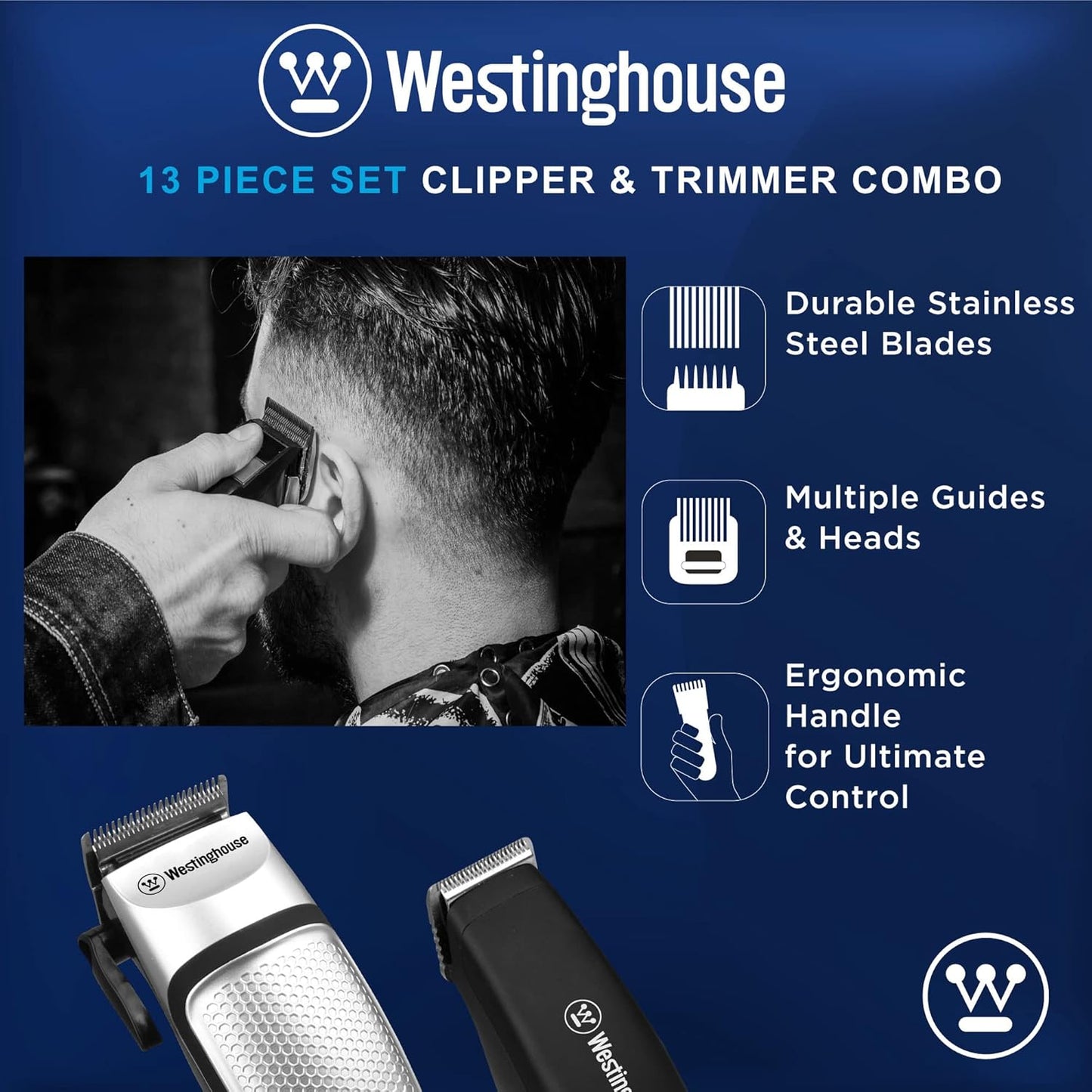 Westinghouse Men's Grooming Kit, Hair Clippers & Beard Trimmer, 13-Piece Set with Scissors