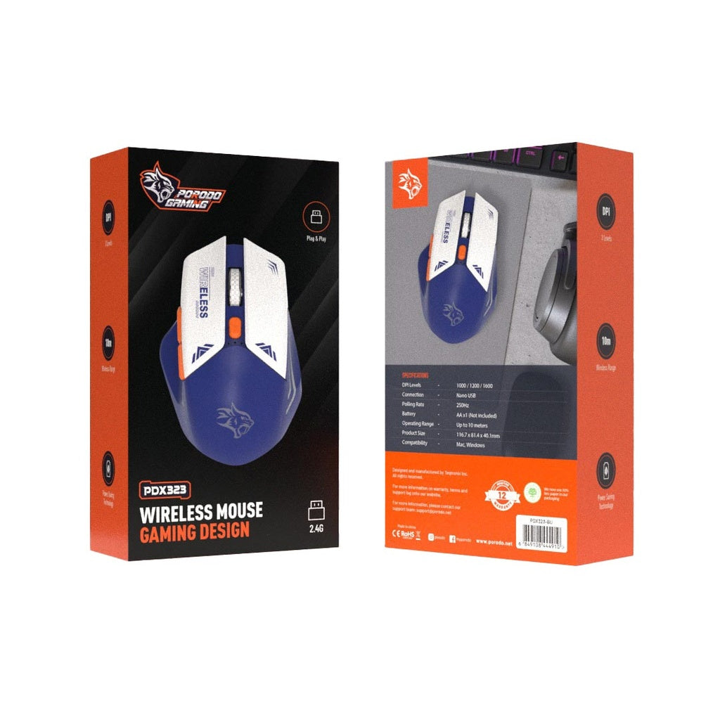 Porodo Gaming Wireless Mouse Gaming Design DPI 1600 -Blue