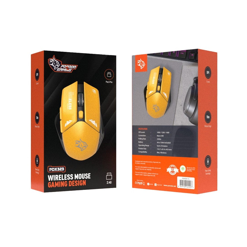 Porodo Gaming Wireless Mouse Gaming Design DPI 1600 -Yellow