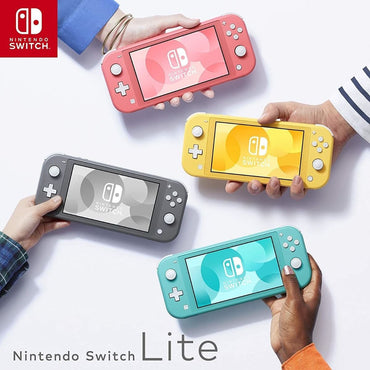 Four Nintendo Switch Lite consoles in different colors held by hands on a white background.
